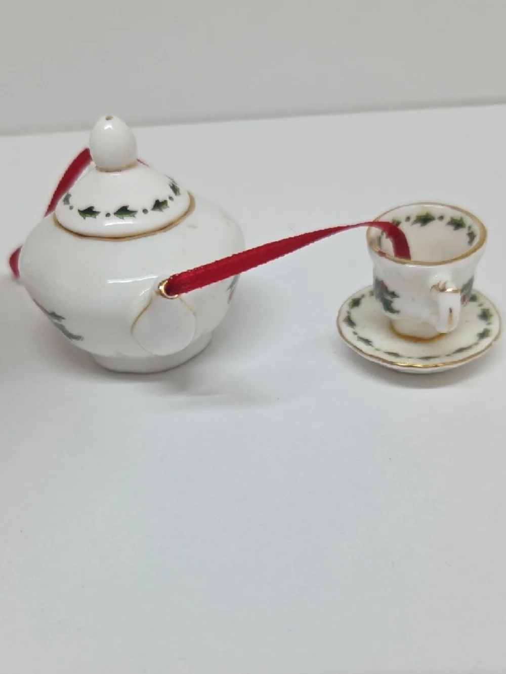 Miniature Porcelain Teapot & Teacup Ornament — White with Holly Red Ribbon